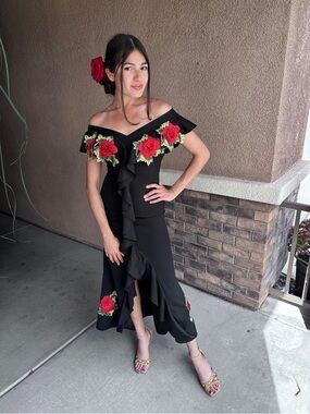 Off-Shoulder Black Dress with Red Rose Embroidery